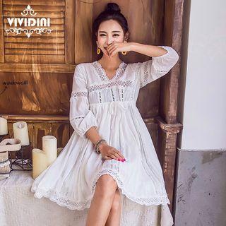 3/4-sleeve Lace Trim A-line Mini Dress