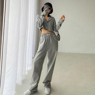 Set: Open-placket Cropped Shirt + Loose-fit Straight-cut Pants