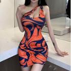 One-shoulder Cutout Print Sheath Dress