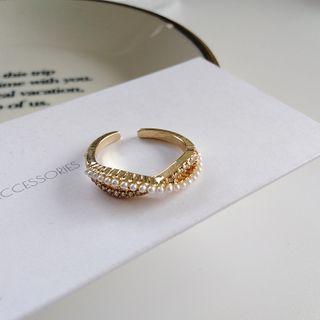 Rhinestone Faux Pearl Open Ring 1pc - Gold - One Size