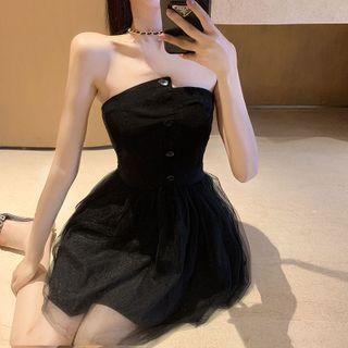 Strapless Mesh Mini A-line Dress Black - One Size