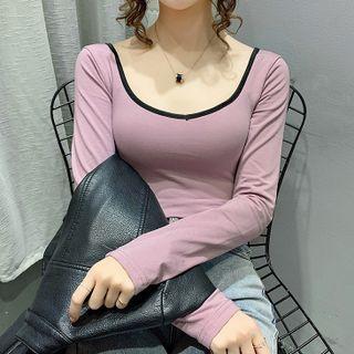 Long-sleeve Square-neck Contrast-trim Top