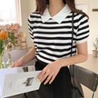Collared Short-sleeve Striped Knit Top Black - One Size