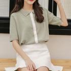Elbow-sleeve Contrast Trim Buttoned T-shirt
