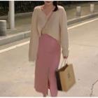 Long-sleeve V-neck Top / Plain Midi Skirt