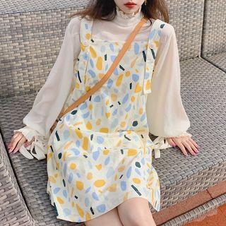 Ruffle Trim Blouse / Patterned Strappy A-line Dress