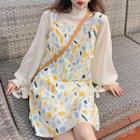 Ruffle Trim Blouse / Patterned Strappy A-line Dress