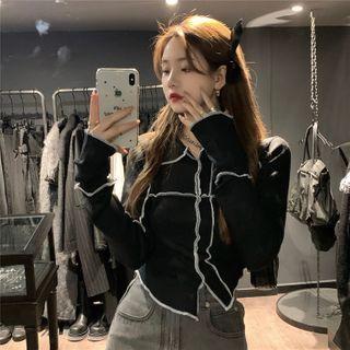 Long-sleeve Contrast Trim Crop Top Black - One Size