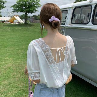 Lace-trim Open-back Chiffon Blouse