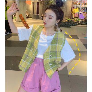 Plain Short-sleeve T-shirt / Plaid Vest / High Waist Shorts