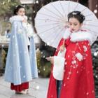 Traditional Chinese Embroidery Fleece Trim Hooded Cape