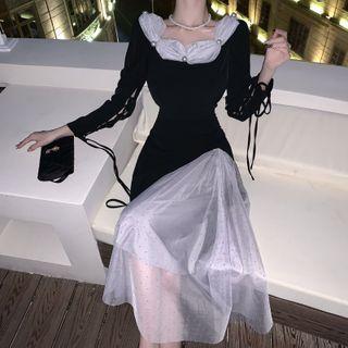 Long-sleeve Two-tone Mesh Panel Midi A-line Dress