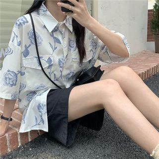 Short-sleeve Flower Loose-fit Shirt