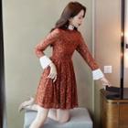 Long-sleeve Mock-neck Paneled A-line Lace Dress
