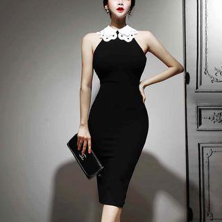 Sleeveless Color Block Perforated Collar Midi Sheath Dress