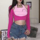 Mock Two-piece Long-sleeve Cutout Lettering Crop Top