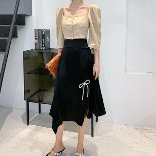 Satin Slit Bow Midi A-line Skirt
