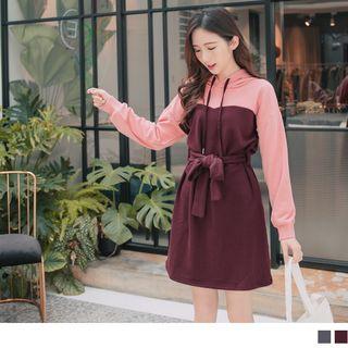 Two Tone Mock Two Piece Hooded Dress
