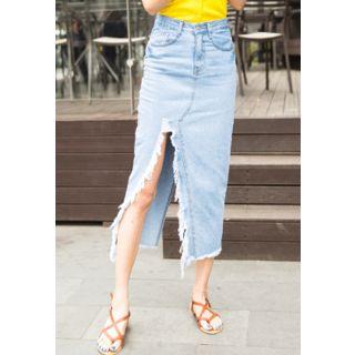 Frey-trim Slit-front Denim Skirt