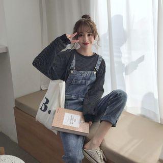 Cropped Washed Straight Leg Denim Dungarees