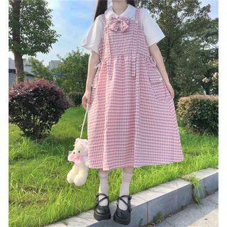Short-sleeve Shirt / Bow / Midi Plaid Pinafore Dress / Set