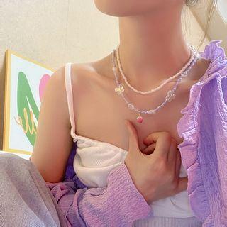 Heart Pendant Butterfly Acrylic Bead Layered Necklace 01 - Set Of 2 - White & Light Purple - One Size