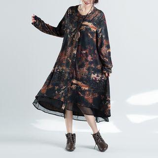 Print Long-sleeve Layered Midi Dress