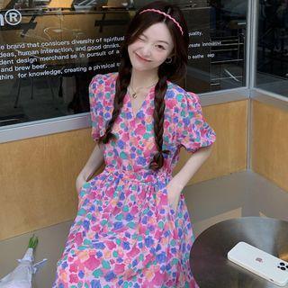 Short-sleeve Shell Print Midi Smock Dress