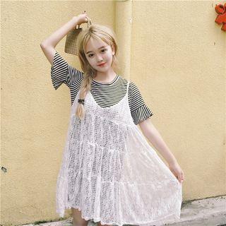 Set: Striped Short-sleeve T-shirt Dress + Spaghetti Strap Lace Dress