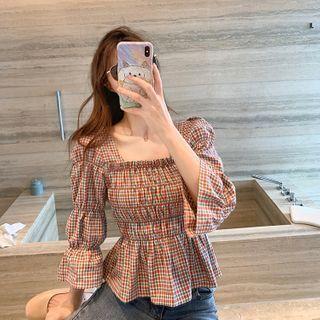 Square-neck Plaid Blouse Plaid - Red & Blue - One Size