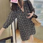 3/4-sleeve Floral A-line Dress / Midi Dress