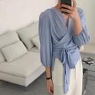 Elbow-sleeve V-neck Tie-waist Top