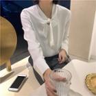Plain Long-sleeve Loose-fit Blouse Off-white - One Size