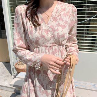 Wrap-front Asymmetric-hem Patterned Dress Light Pink - One Size