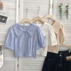 Plain Lapel Puff-sleeve Cropped Top