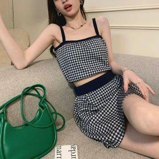 Set: Plaid Camisole Top + A-line Skirt Set Of 2 - Camisole Top & Skirt - Black & White - One Size