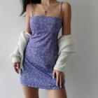 Floral Print Slim-fit Sleeveless Dress / Frayed Hooded Cardigan
