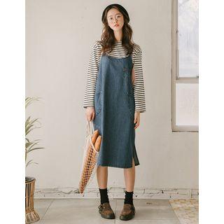 Pocket-detail Slit-side Denim Pinafore Dress