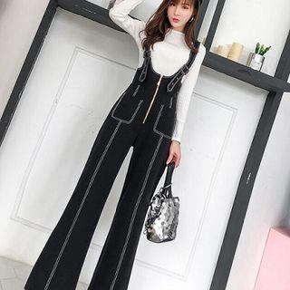 Plain Long-sleeve T-shirt / Pocket Detail Wide-leg Suspender Pants / Set