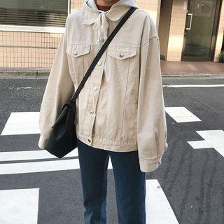 Mock Two-piece Buttoned Hooded Denim Jacket Almond - One Size