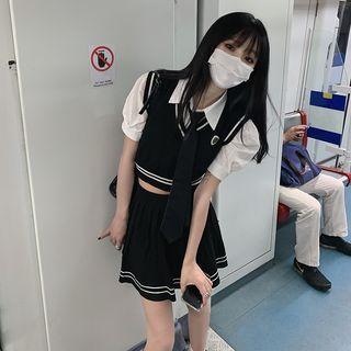 Plain Cropped Shirt / V-neck Vest / High-waist Mini Skirt