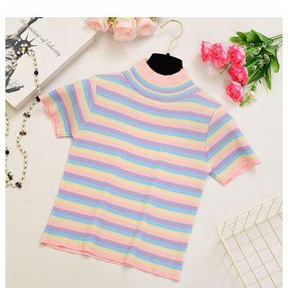 Striped Mock-neck Short-sleeve Knit Top Pink - One Size