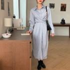 Long-sleeve Plain Shirt Dress Light Blue - One Size