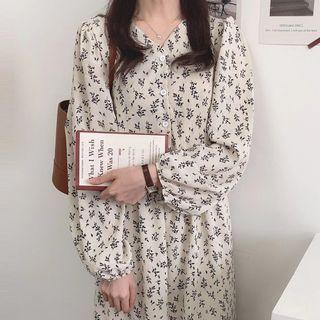 Puff-sleeve Floral Print A-line Dress White - One Size