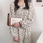 Puff-sleeve Floral Print A-line Dress White - One Size