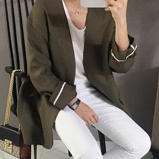 Linen Blend Collarless Open-front Jacket
