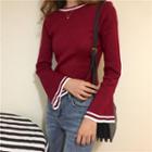 Bell-sleeve Crewneck Striped Knit Sweater