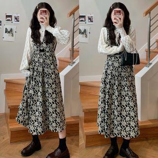 Long-sleeve Turtleneck Lace Blouse / Floral Midi A-line Overall Dress