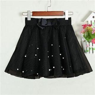 Bow-accent Beaded A-line Skirt Black - One Size