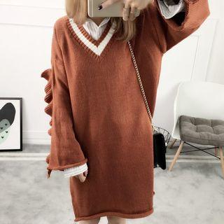 Ruffled V-neck Knit Dress